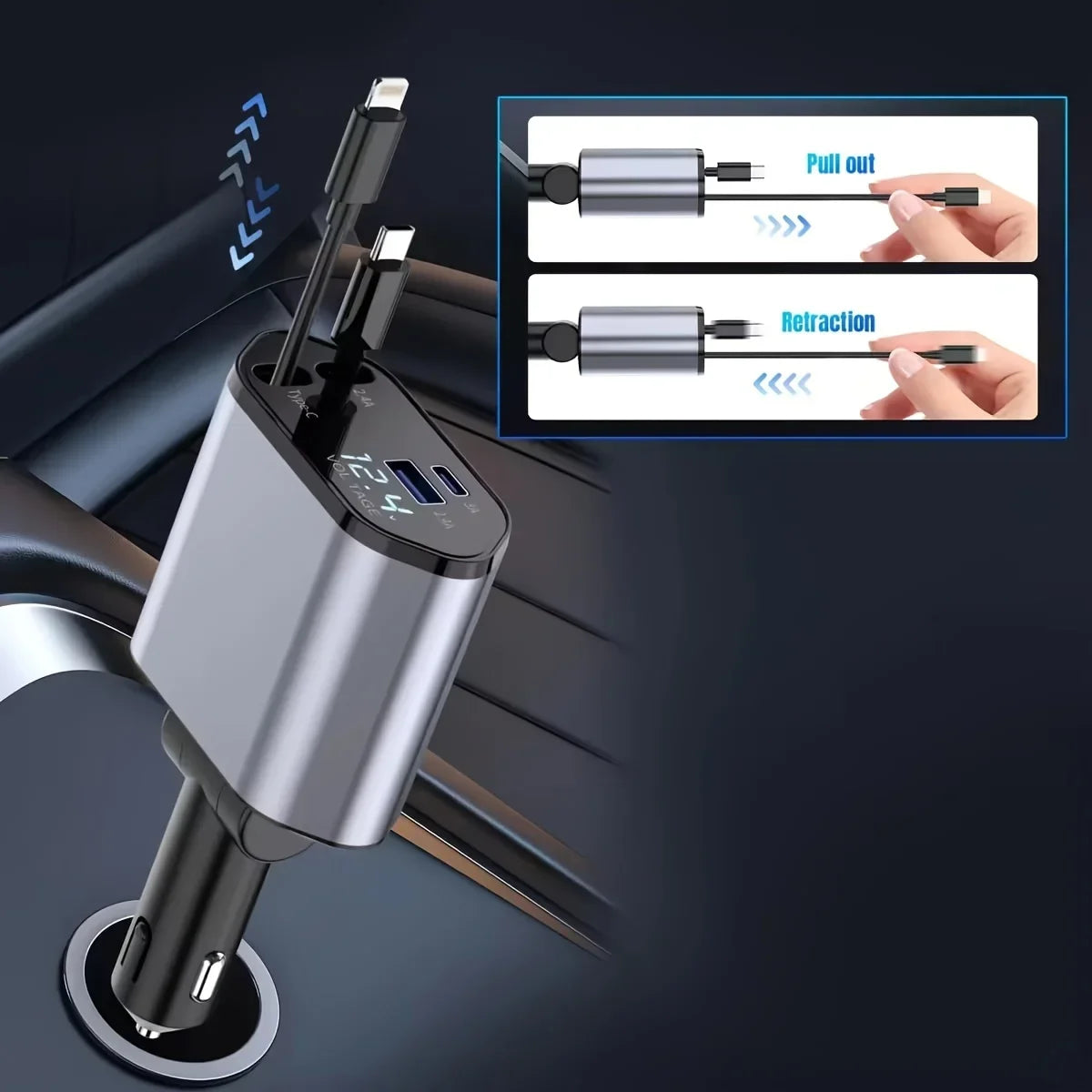 מטען רכב 4 ב-1 120W – USB & Type-C